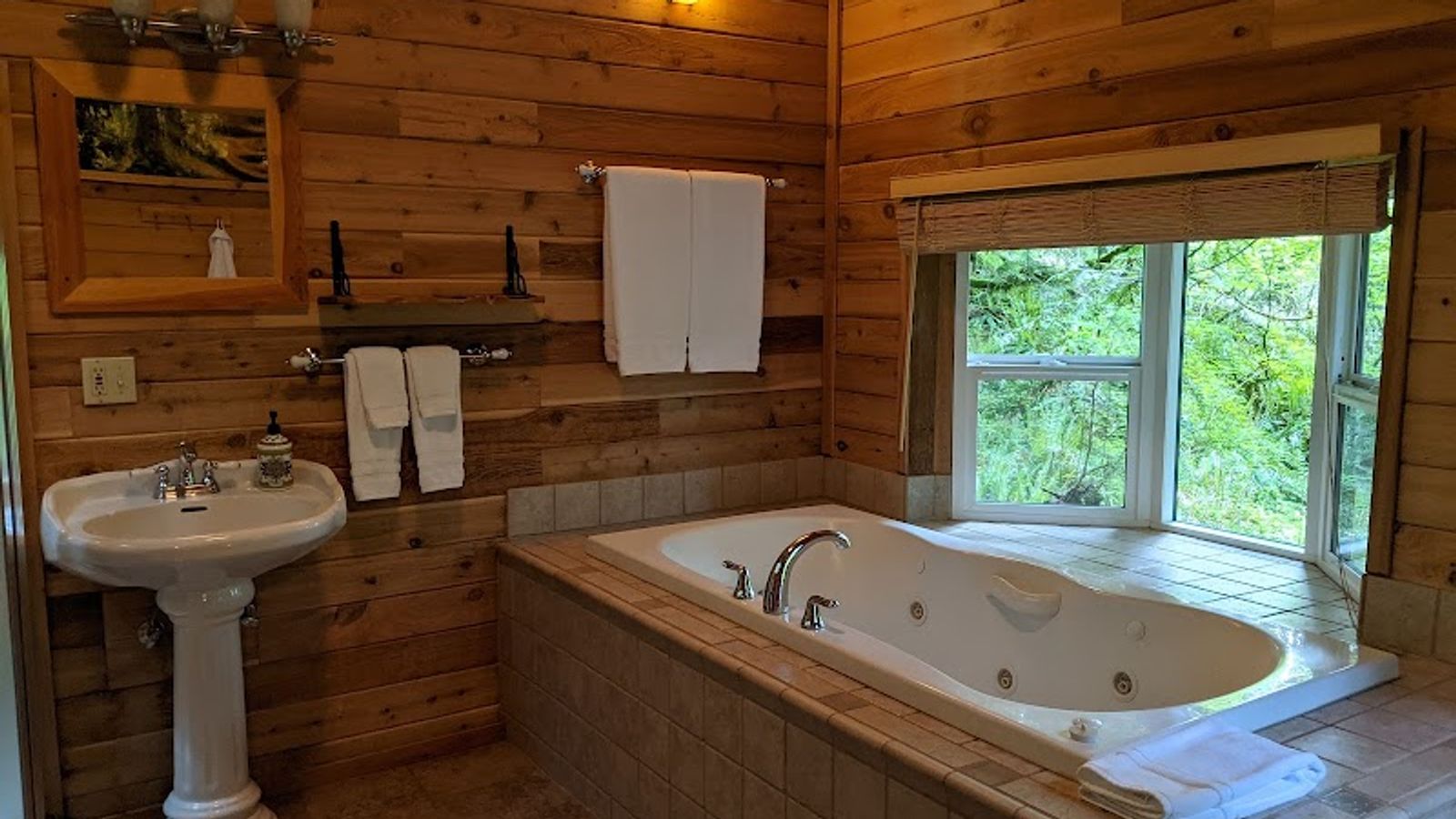 Photo of Deep Forest Cabins - Cedar Grove Cabin, Indoor two‑person jetted soaking tub with forest views