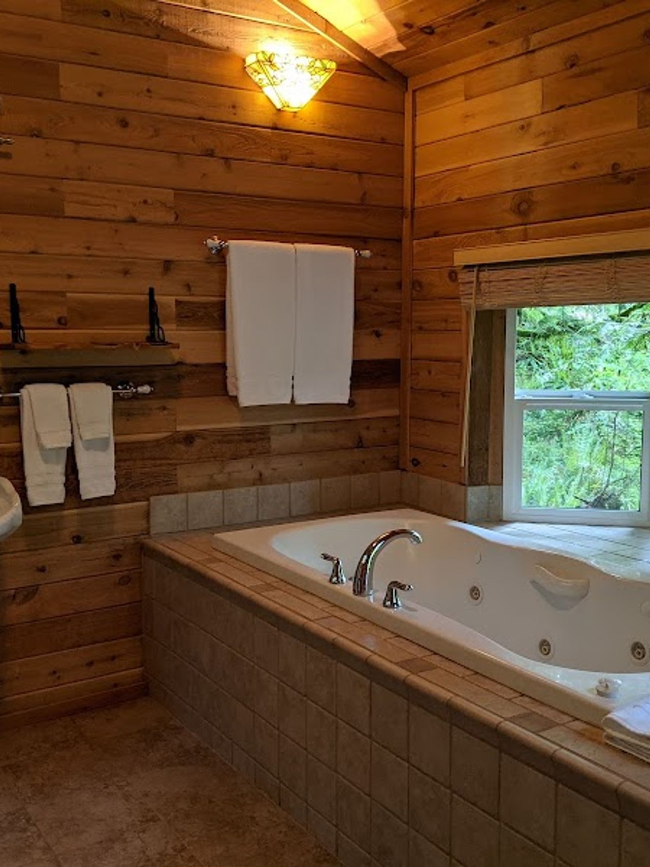 Photo of Deep Forest Cabins - Cedar Grove Cabin, Indoor two‑person jetted soaking tub with forest views