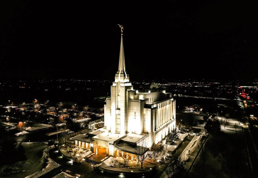 An aerial view of Rexburg Idaho Temple at night