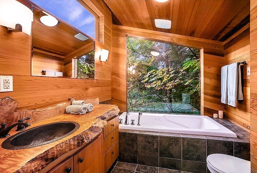 Photo of Deep Forest Cabins - Maplewild Cabin, Indoor two‑person jetted tub with skylight view
