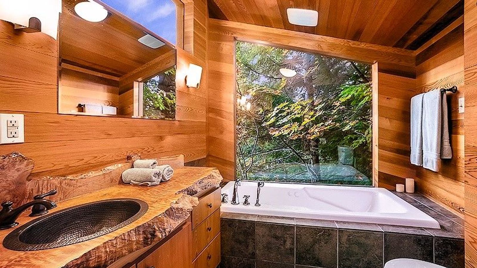 Photo of Deep Forest Cabins - Maplewild Cabin, Indoor two‑person jetted tub with skylight view