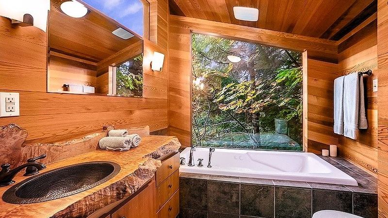 Photo of Deep Forest Cabins - Maplewild Cabin, Indoor two‑person jetted tub with skylight view
