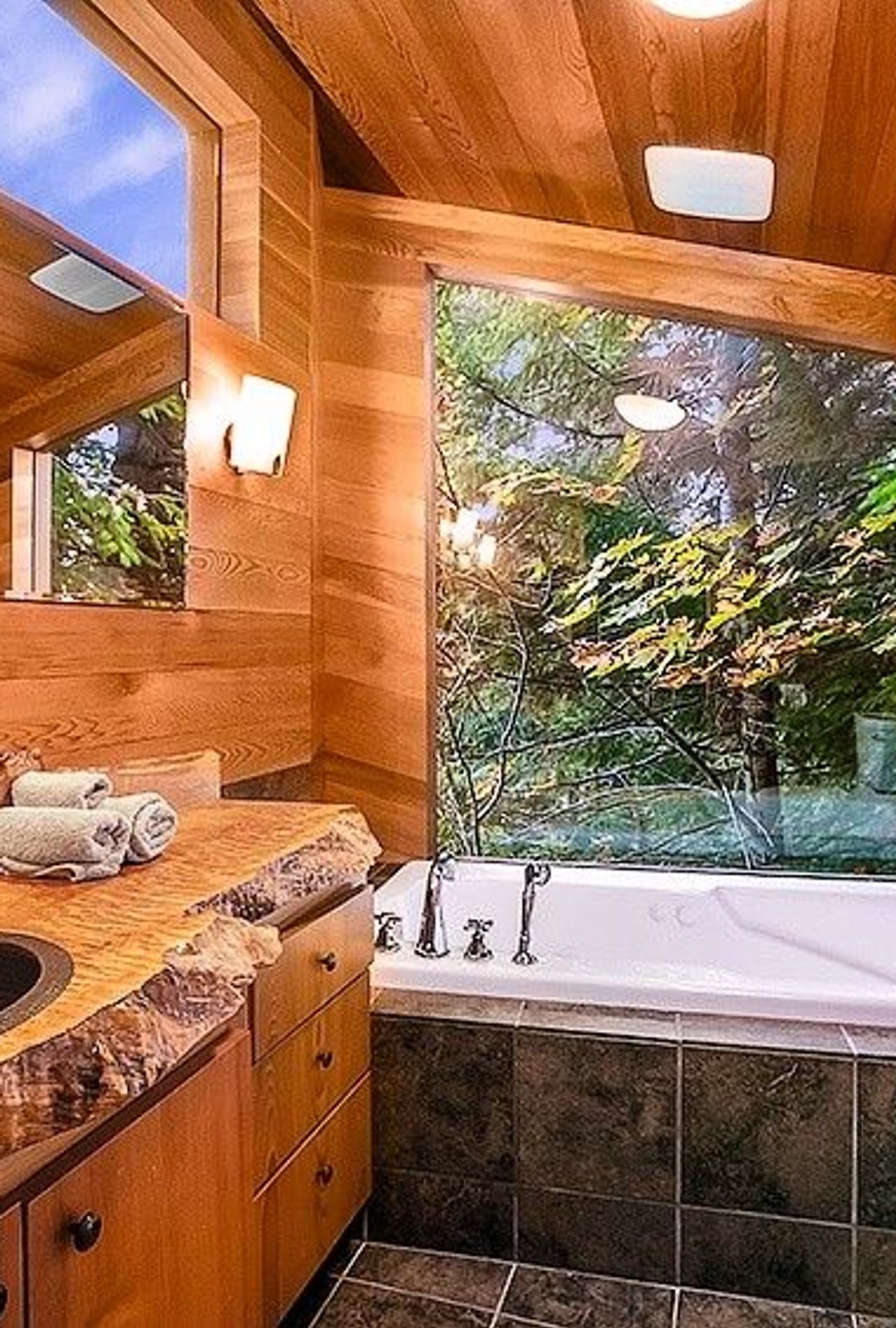 Photo of Deep Forest Cabins - Maplewild Cabin, Indoor two‑person jetted tub with skylight view