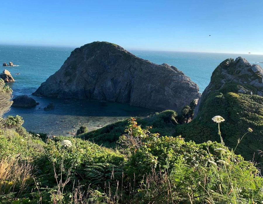 View of the cove at Harris Beach State Park from the highway looking over the Pacific ocean near Brookings and Harbor, Oregon