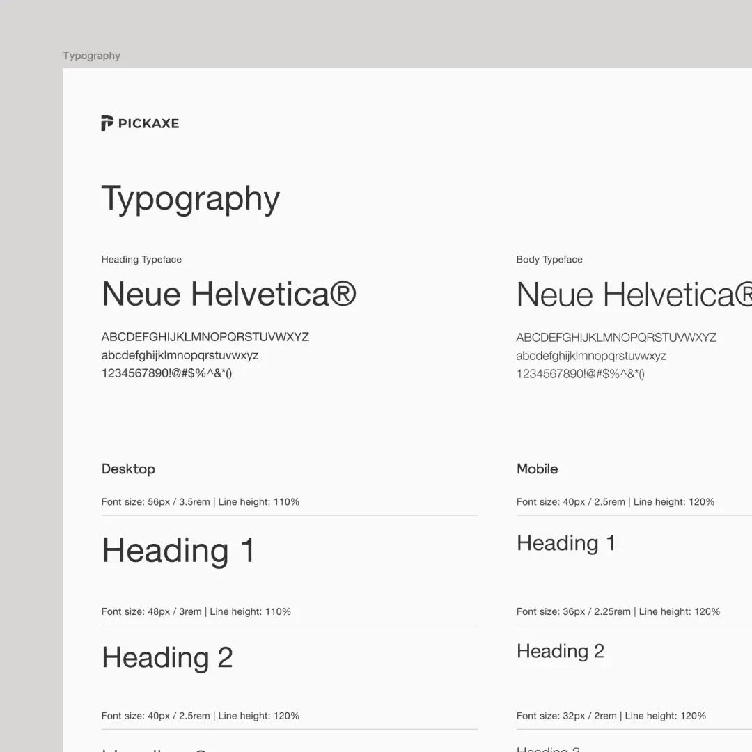 Typography guide showing Neue Helvetica font for headings and body on desktop and mobile with sizes and line heights.