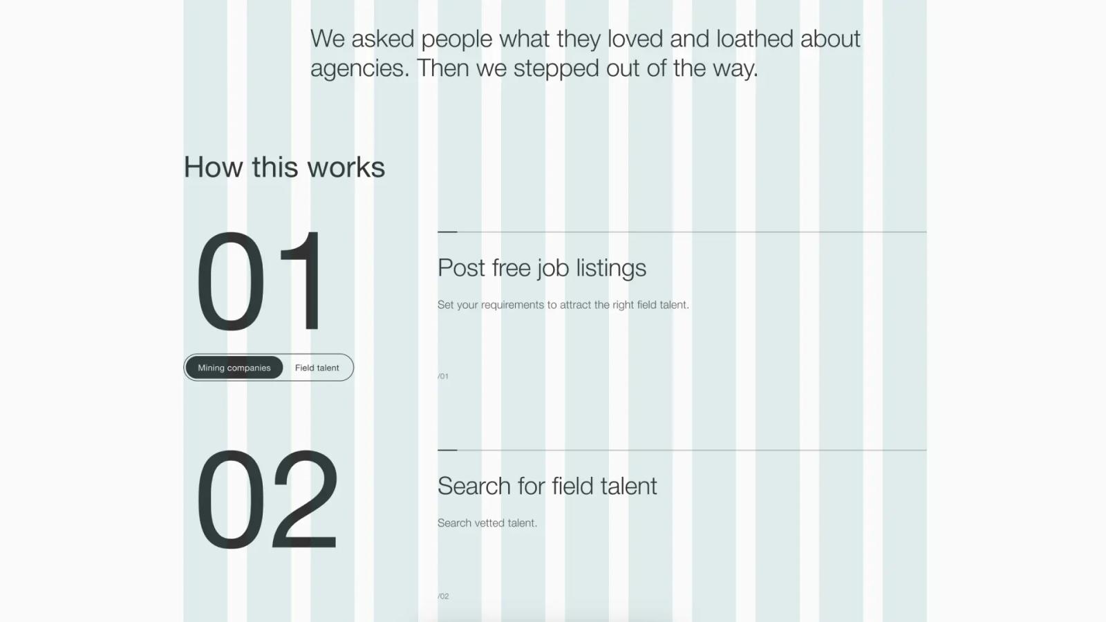 Steps explaining how to post free job listings and search for field talent for mining companies.