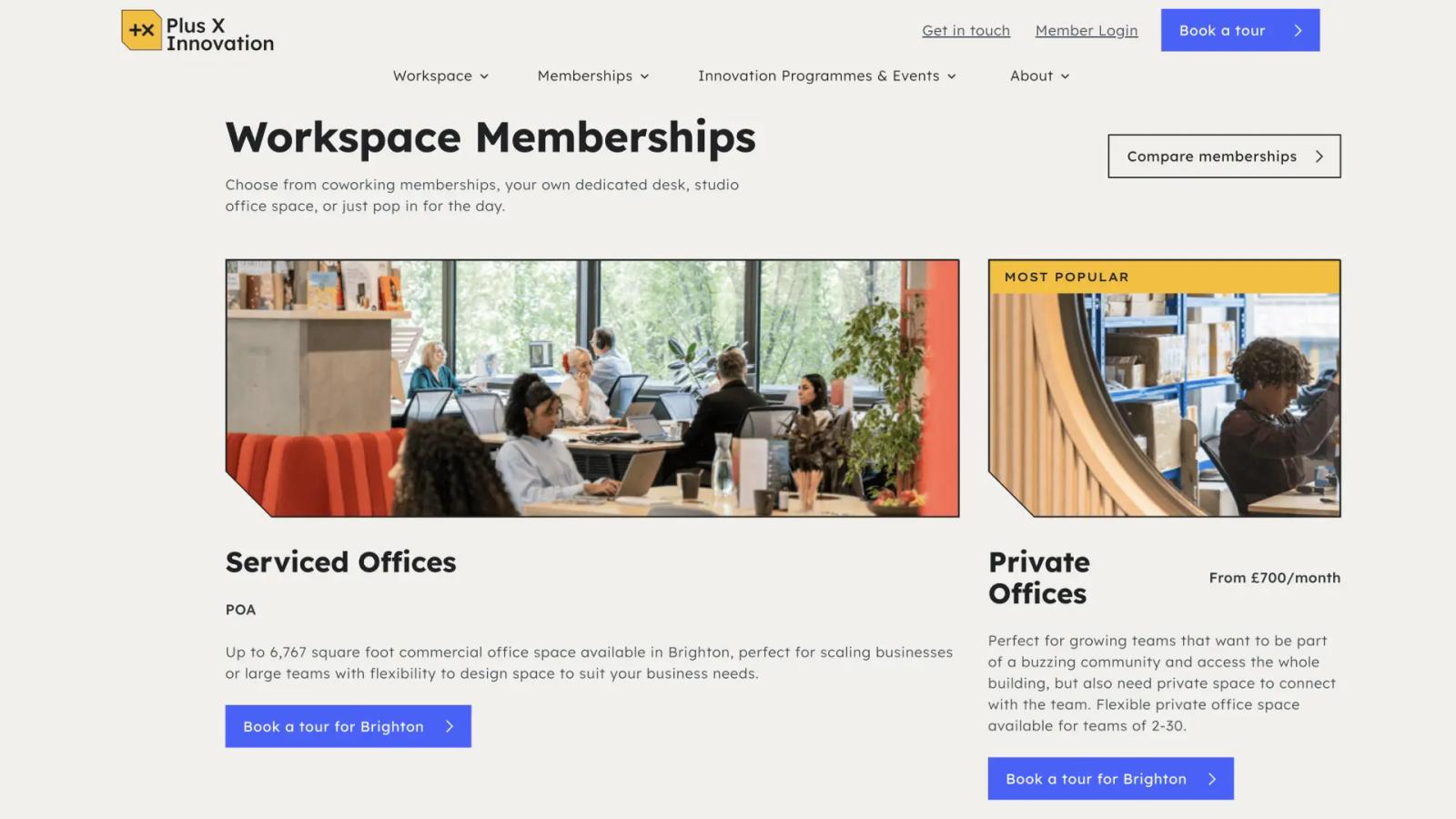 Workspace memberships webpage showing serviced and private office options with images of people working.