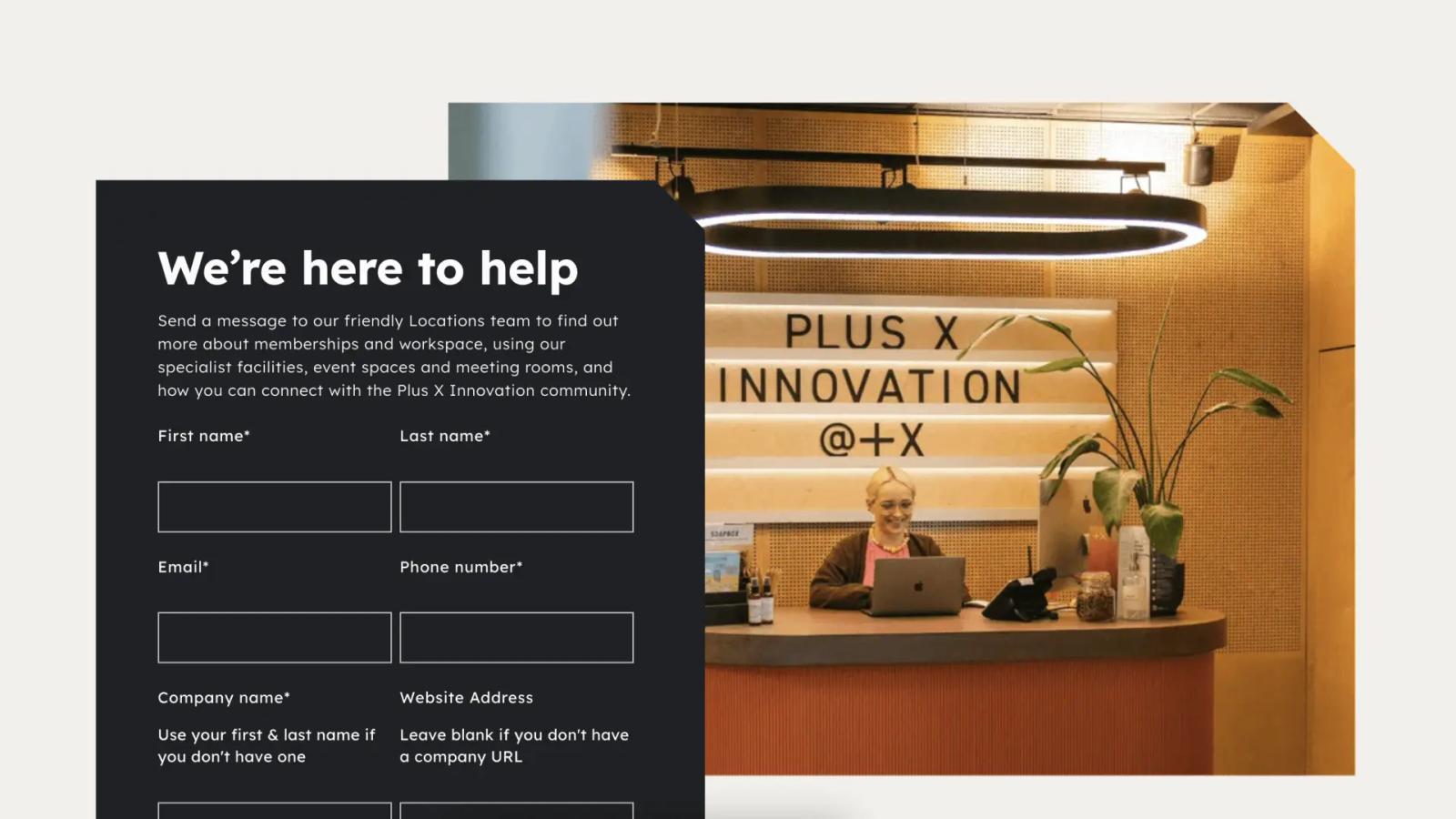 Reception desk with a smiling woman working on a laptop under a Plus X Innovation sign.