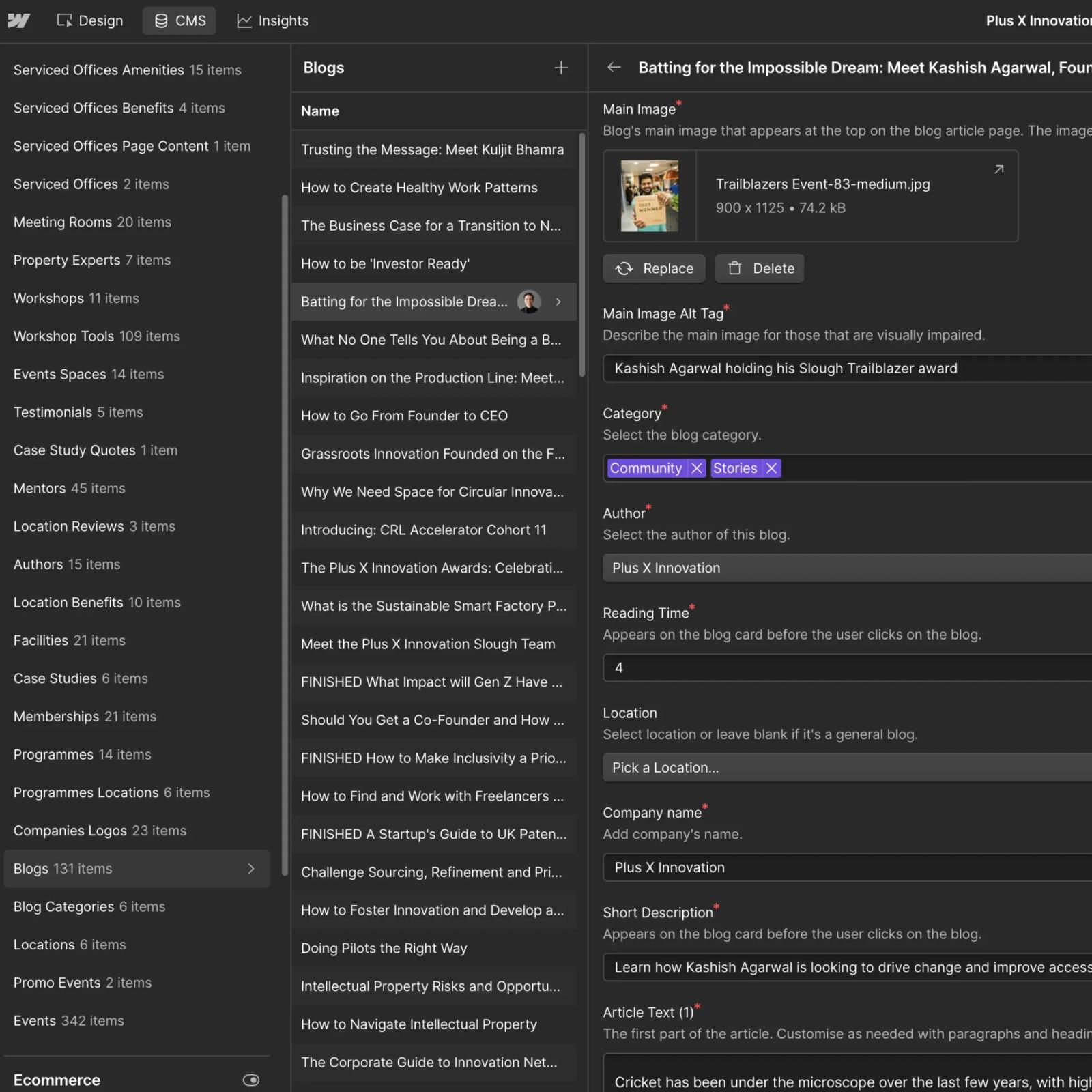 CMS dashboard showing blog post settings and a thumbnail of Kashish Agarwal holding Trailblazer award.
