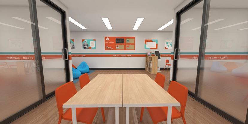 there is a table and chairs in the middle of the room .