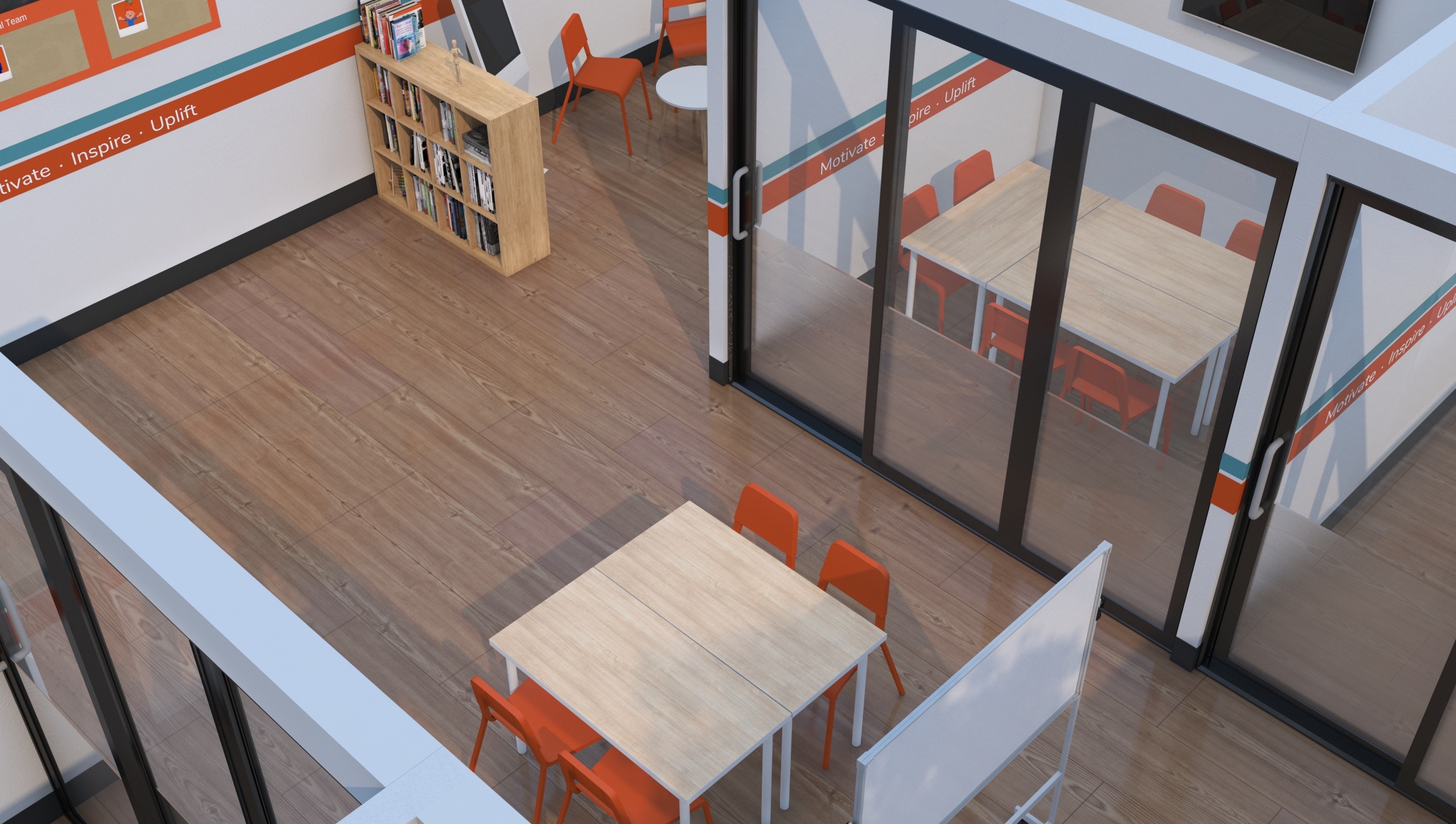 an aerial view of Success Tutoring classroom with tables and chairs .