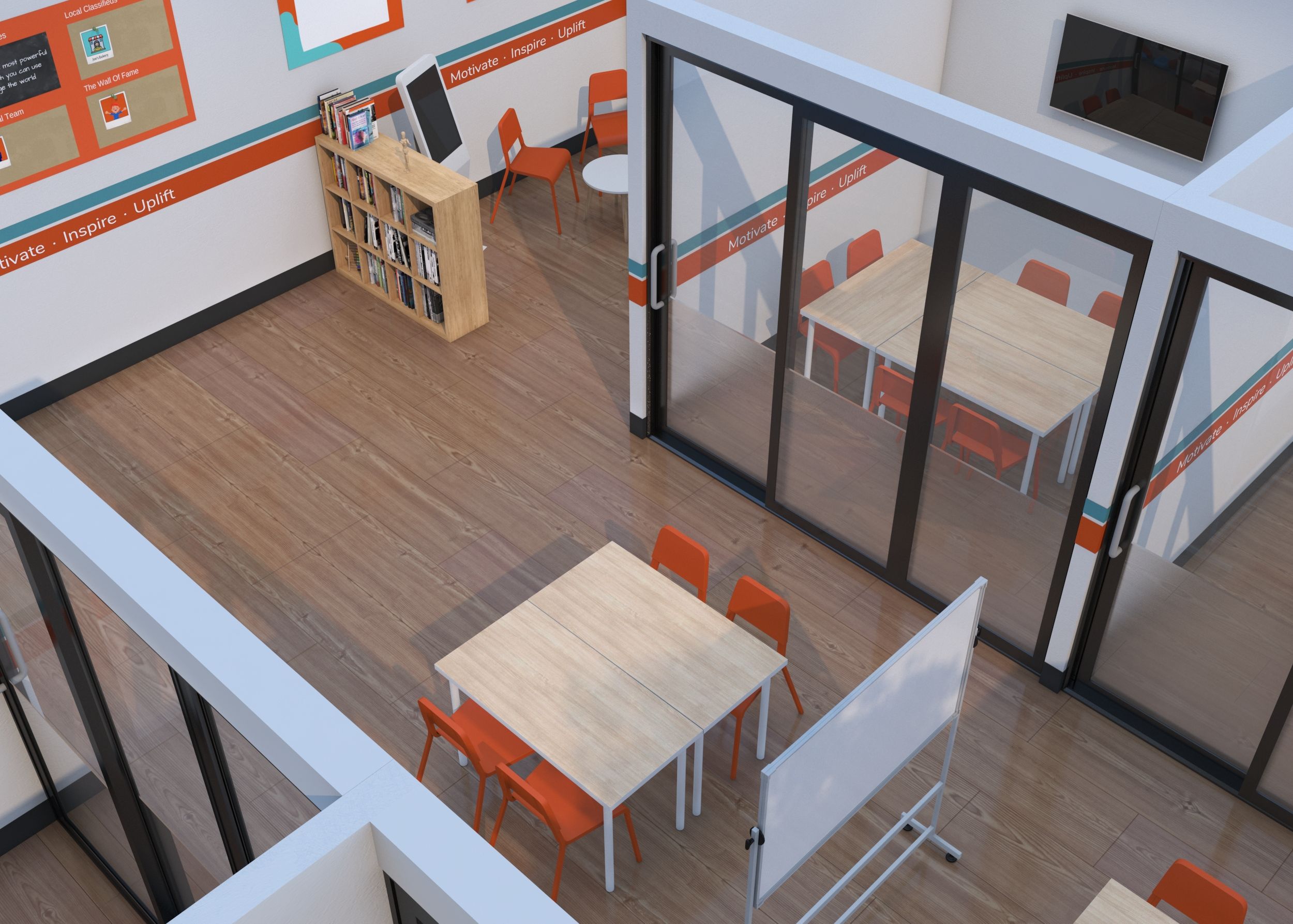 an aerial view of a classroom with tables and chairs .