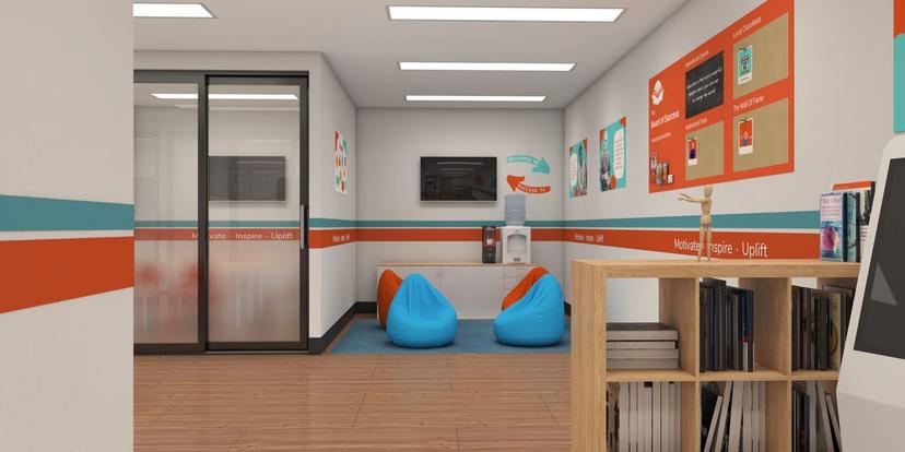 a 3d rendering of a waiting room with bean bag chairs and a bookshelf .