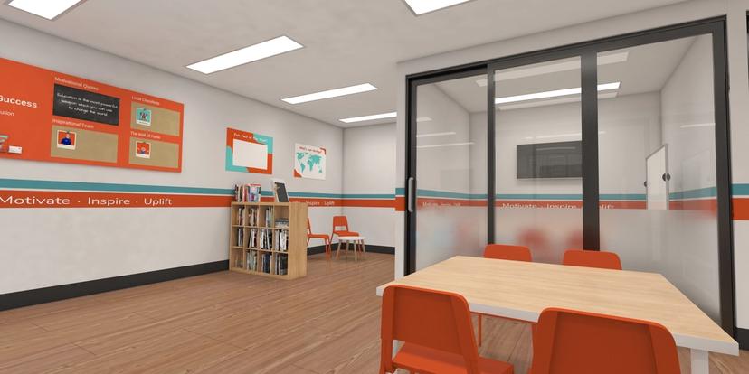 an artist 's impression of a classroom with a table and chairs .