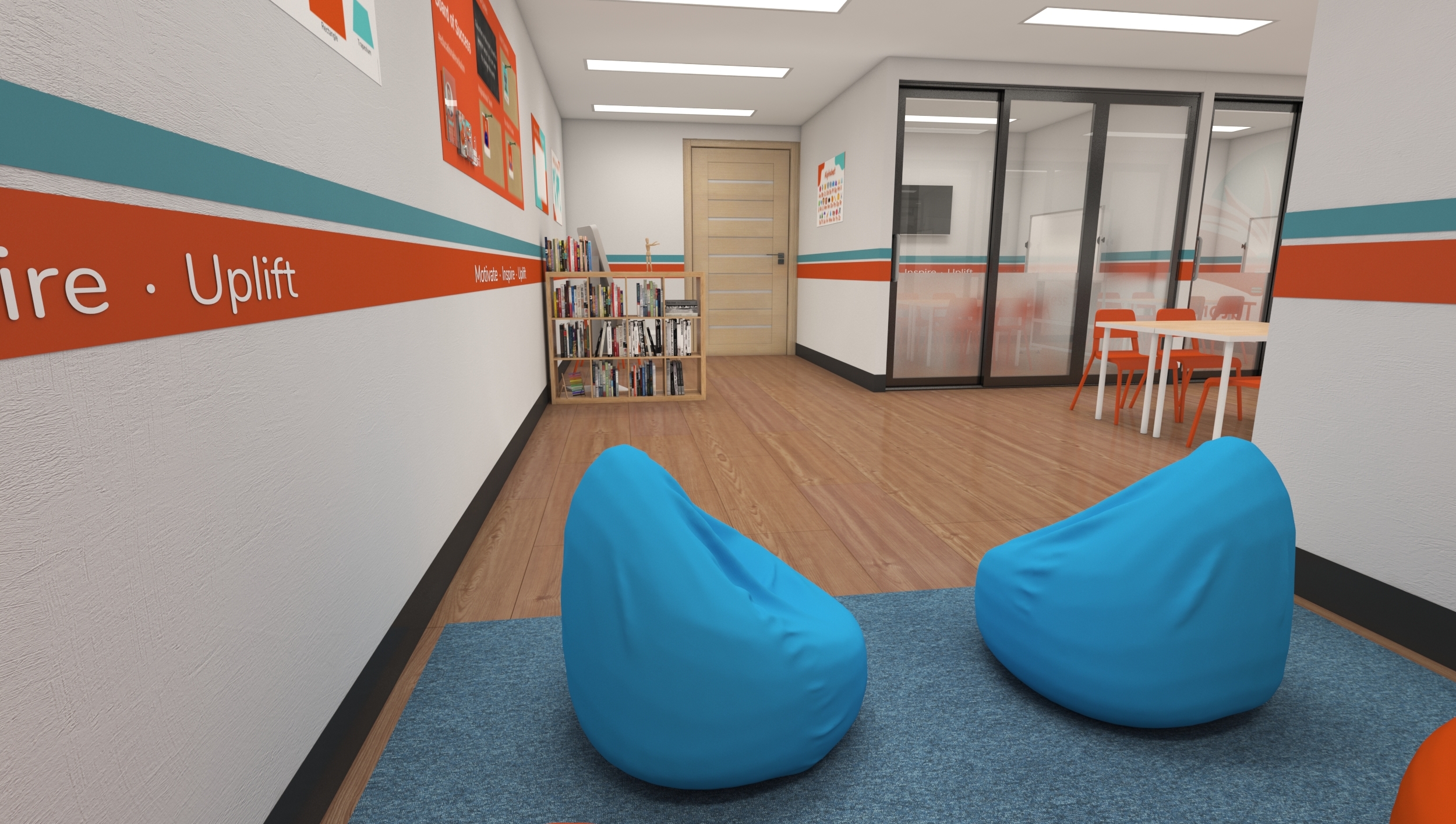 a room with bean bag chairs and a bookshelf .