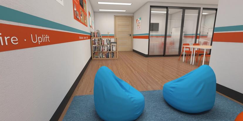 a room with bean bag chairs and a bookshelf .