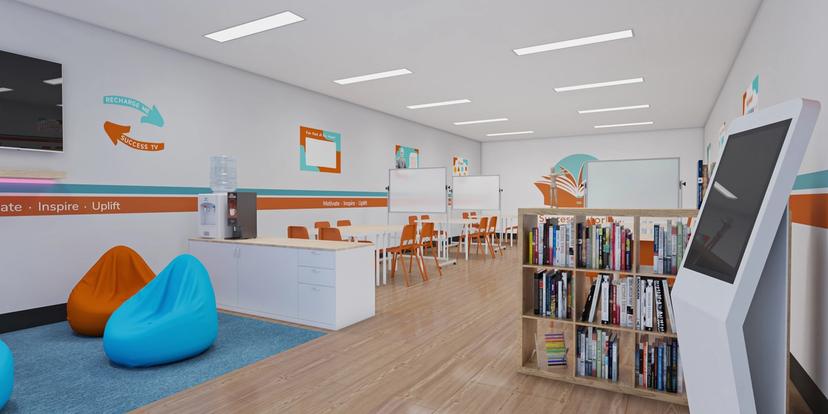an artist 's impression of a library with bean bag chairs and a kiosk .