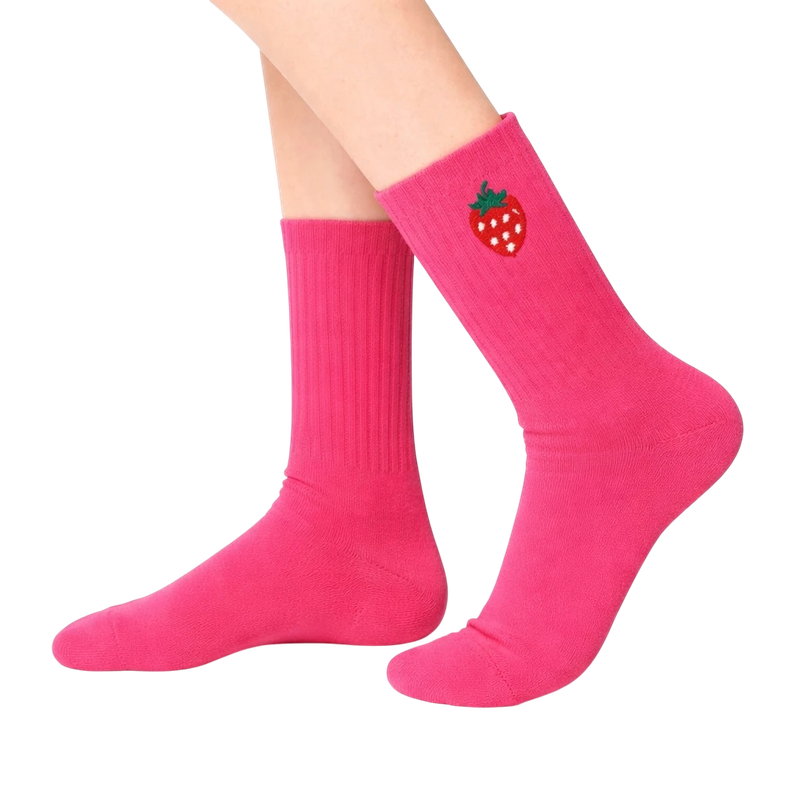 Pink Embroidered Strawberry Socks