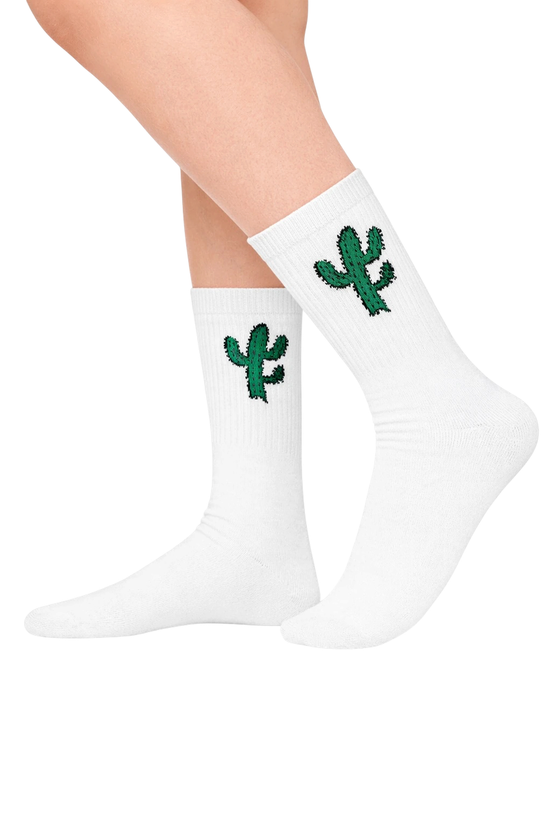White Cactus Embroidered Socks