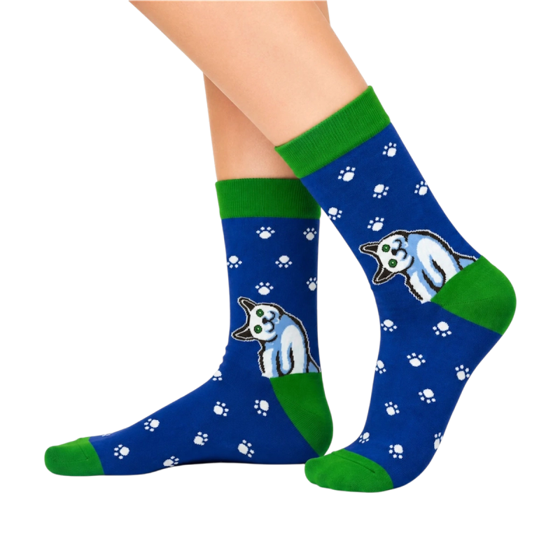 Blue and Green Cat and Paw Socks