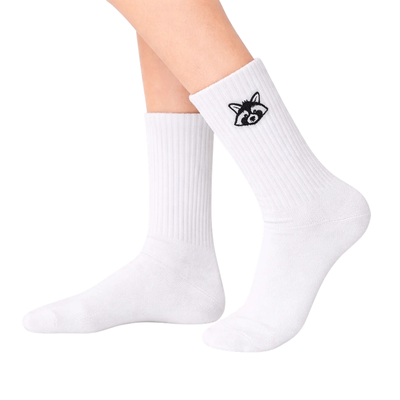 White Raccoon Embroidered Socks
