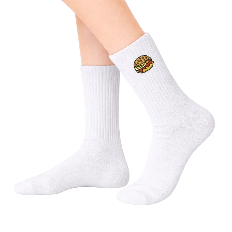 White Hamburger Embroidered Socks