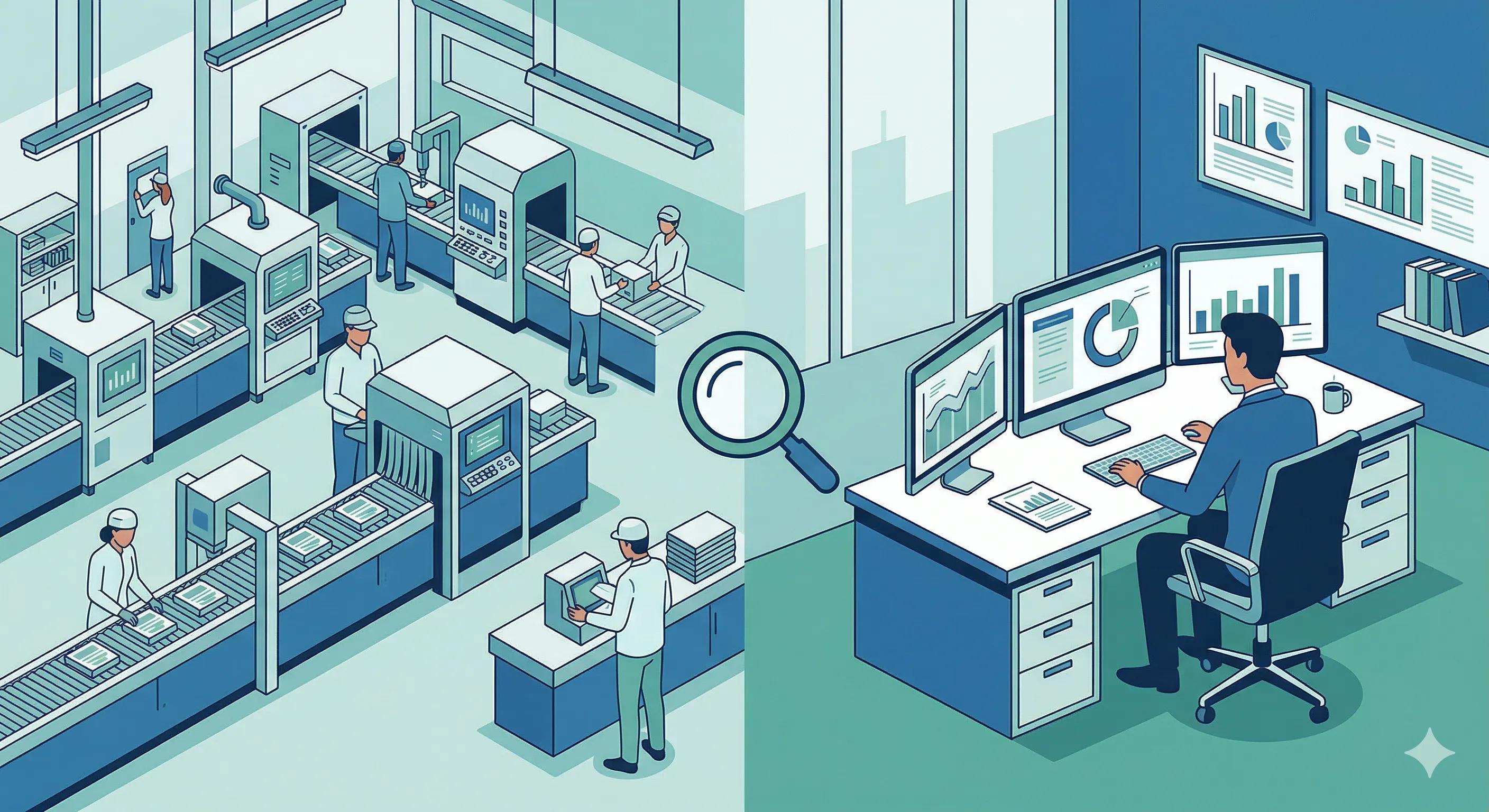 Comparison of a Chinese manufacturing factory and a trading company office.