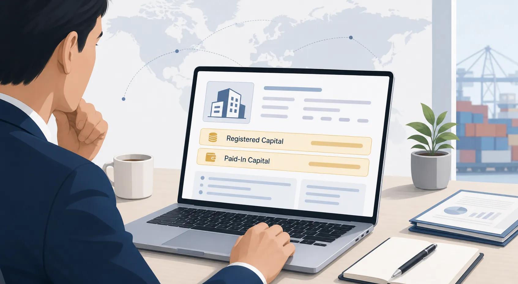Buyer reviewing registered capital and paid-in capital in a Chinese company record.