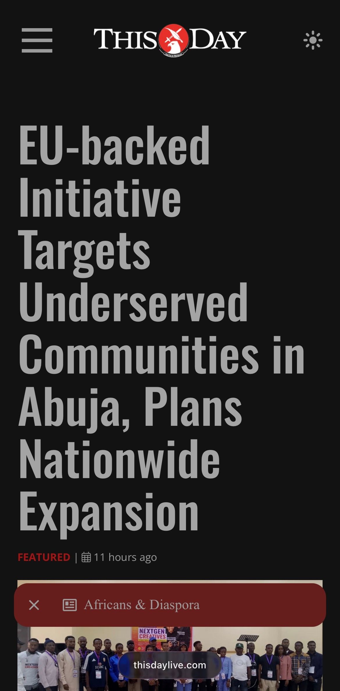 ThisDay Newspaper featuring the NextGen Creatives Training Programme