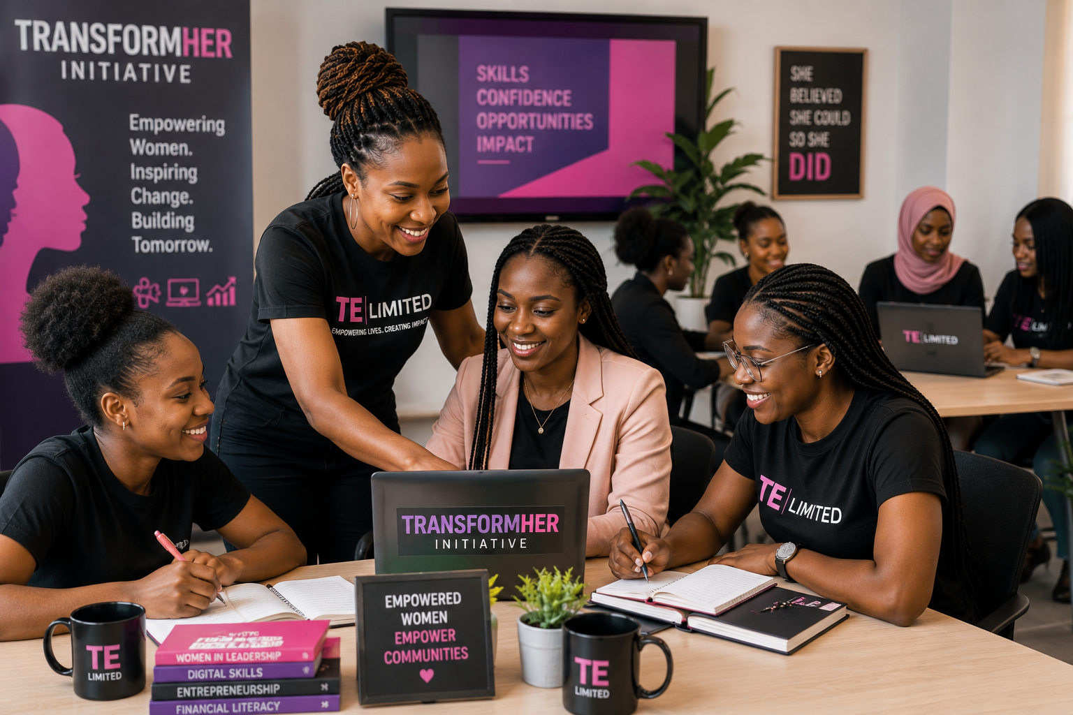 TransformHer Initiative supporting women, girls and marginalized groups through digital skills training, entrepreneurship education, leadership development, and community empowerment.