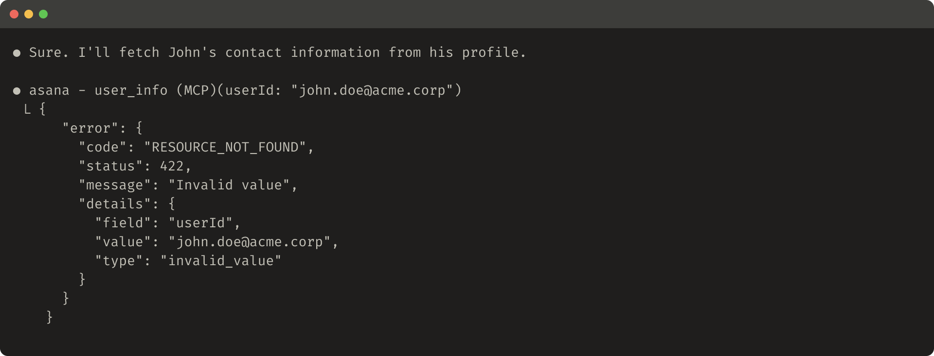 Bu şəkil faydasız alət cavabının nümunəsini göstərir.