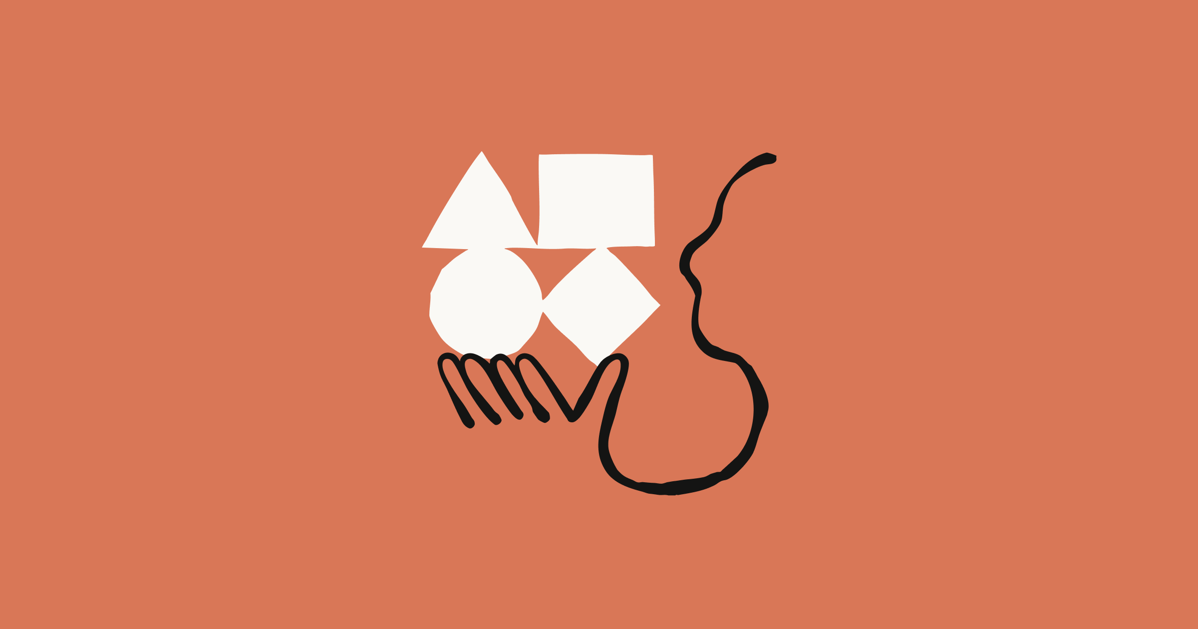 Minimalist abstract illustration with hand and geometric shapes on muted orange background