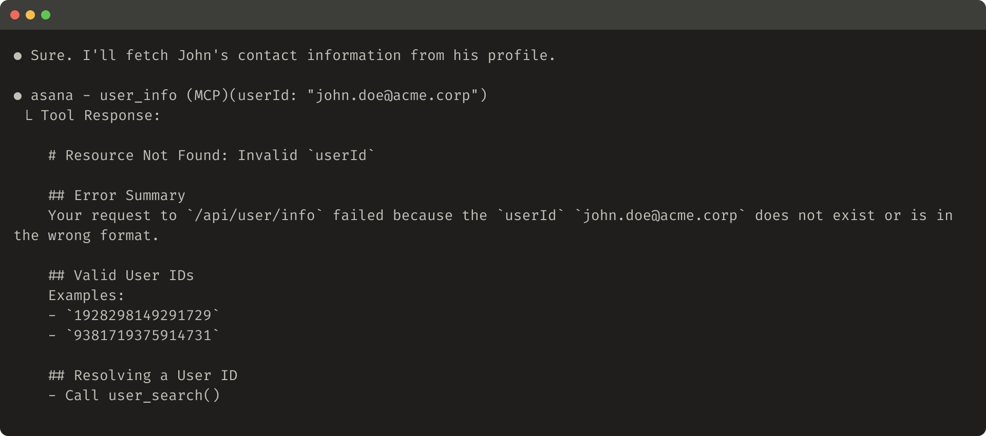 Bu şəkil faydalı xəta cavabının nümunəsini göstərir.