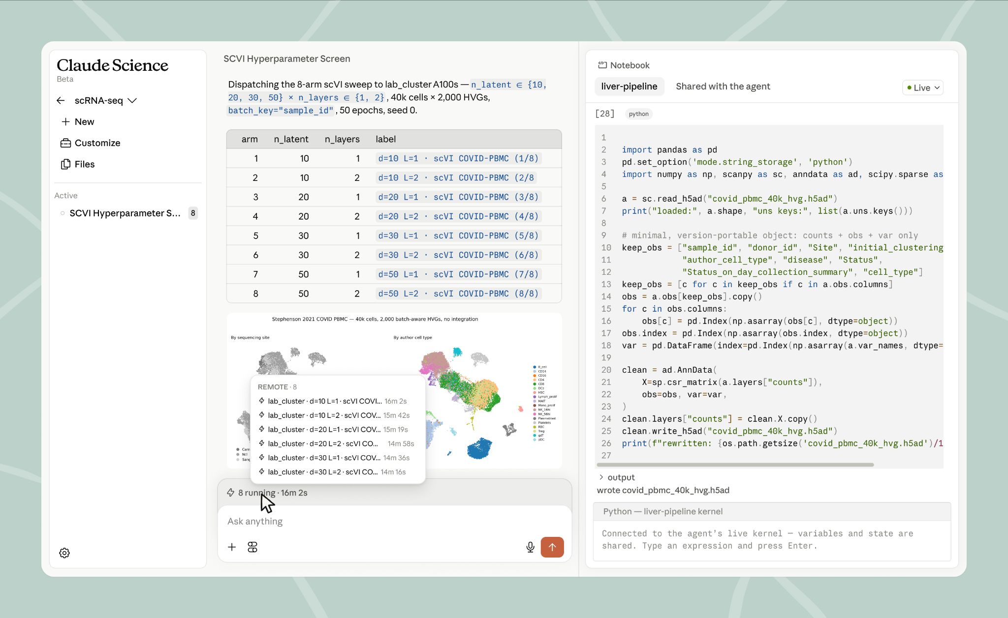 Claude Science interface showing a notebook, code, chart outputs, and a running compute job.