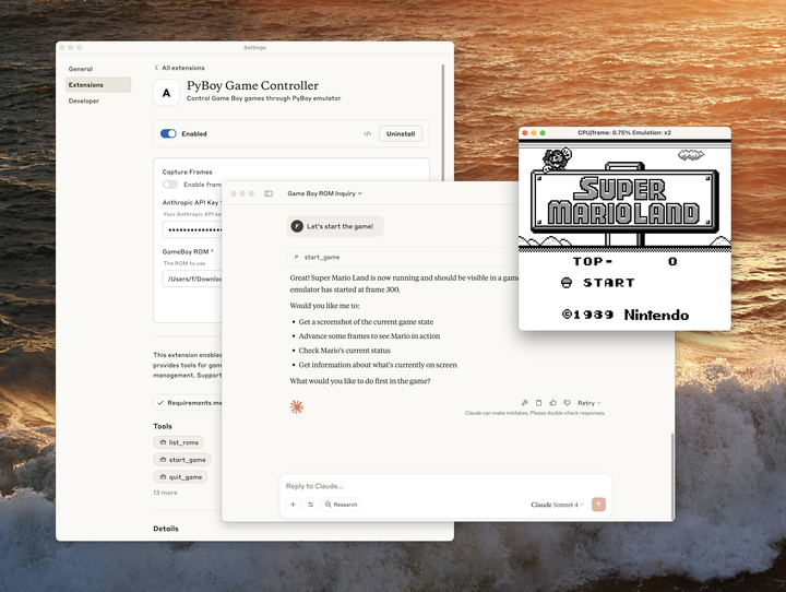 PyBoy MCP ilə Super Mario Land başlanğıc ekranını göstərən masaüstü