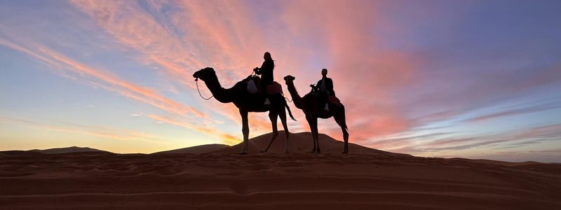 Silhouettes of two people riding camels on sand dunes at sunset, with colorful clouds in the sky.