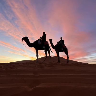 Silhouettes of two people riding camels on sand dunes at sunset, with colorful clouds in the sky.