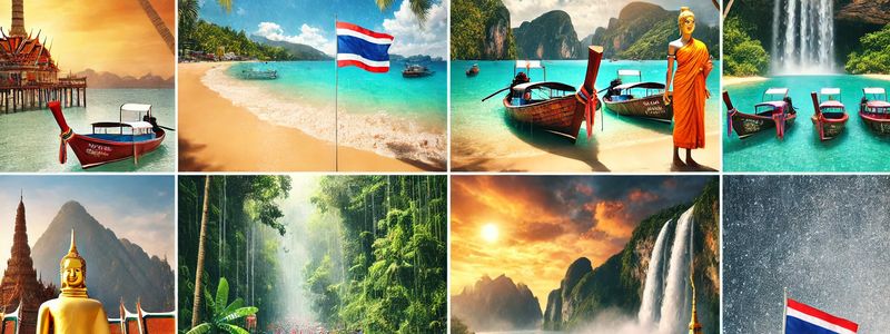 A seasonal travel collage showcasing the best time to visit Thailand, featuring sunny beaches, tropical landscapes, cultural landmarks, and waterfalls, representing different times of the year.