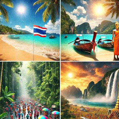 A seasonal travel collage showcasing the best time to visit Thailand, featuring sunny beaches, tropical landscapes, cultural landmarks, and waterfalls, representing different times of the year.