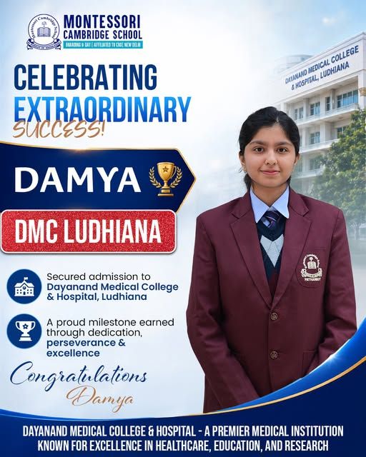 Damya Malhotra, secures admission to Dayanand Medical College & Hospital (DMC), Ludhiana.