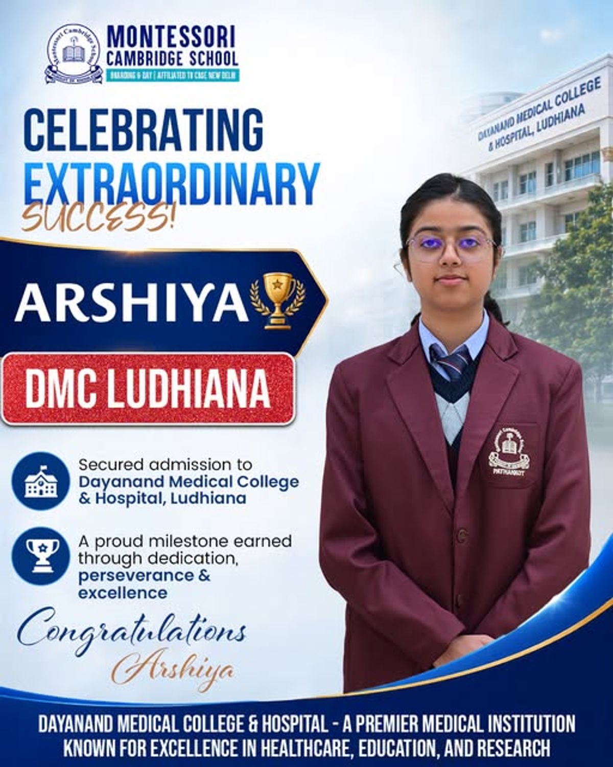 ARSHIYA’S ADMISSION TO DMC LUDHIANA 