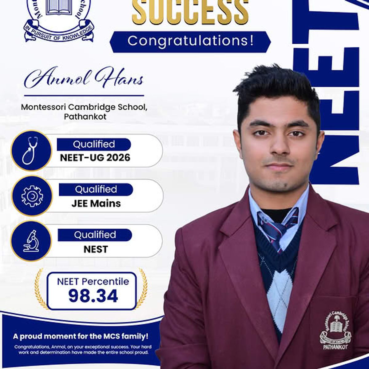  Triple Success, Infinite Pride: Montessori Cambridge School, Pathankot's Anmol Hans Conquers NEET, JEE Mains & NEST!