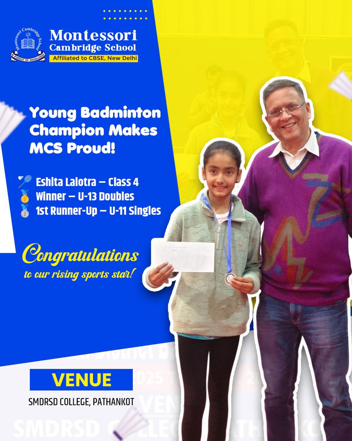Young Badminton Champion Eshita Lalotra Brings Glory to MCS Pathankot 
