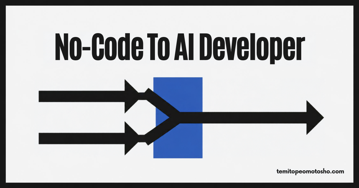 Cover reading "No-code to AI developer" with two arrows merging into one bold line