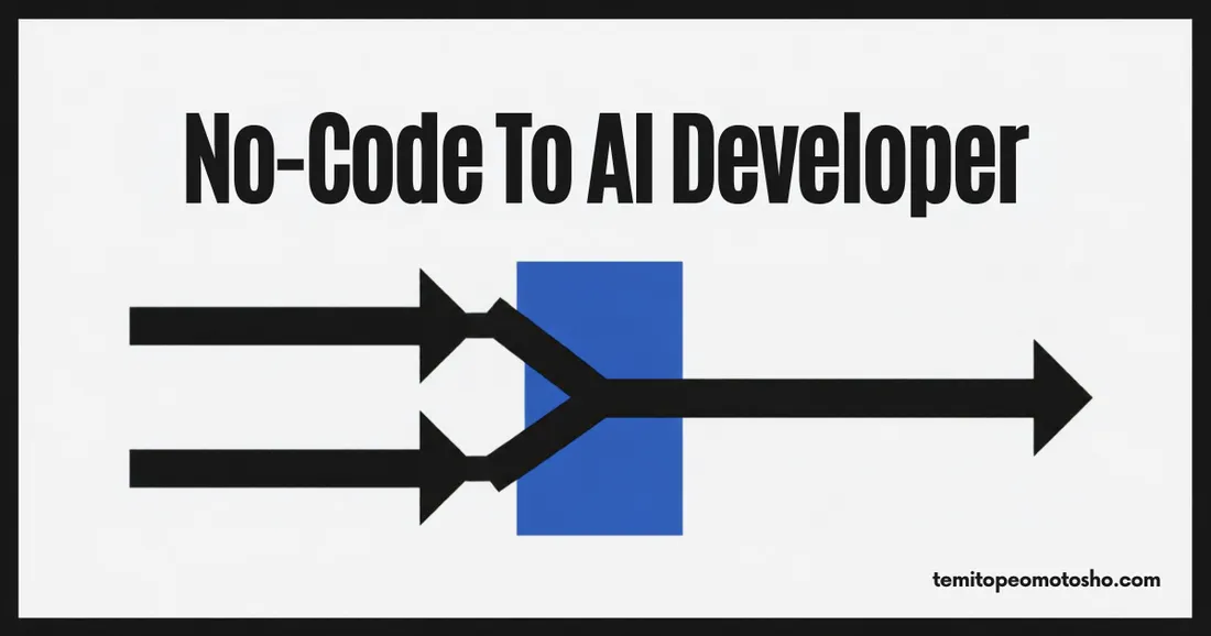 Cover reading "No-code to AI developer" with two arrows merging into one bold line