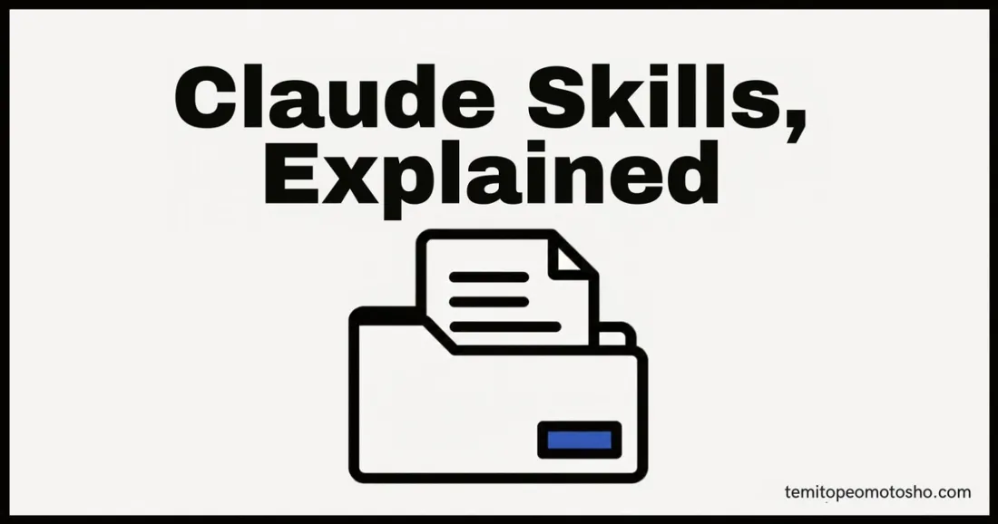Cover graphic reading "Claude Skills, Explained" with a simple folder icon containing a document