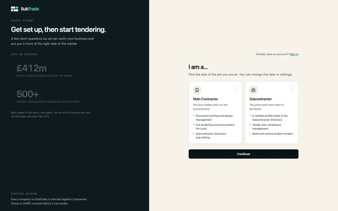 SubTrada sign-up flow where users choose main contractor or subcontractor