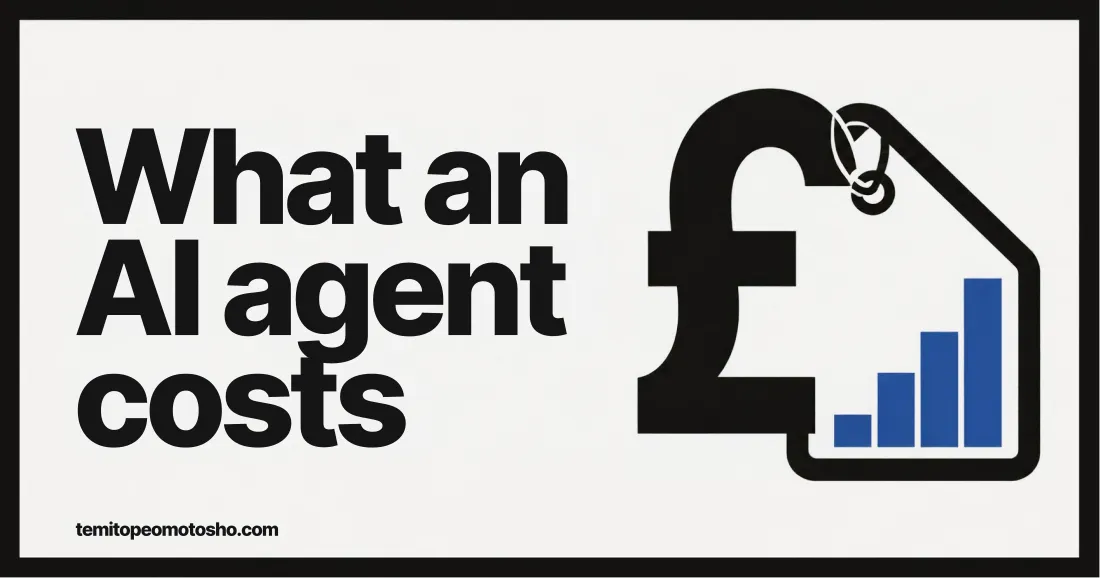 Price tag and bar chart showing AI agent build costs