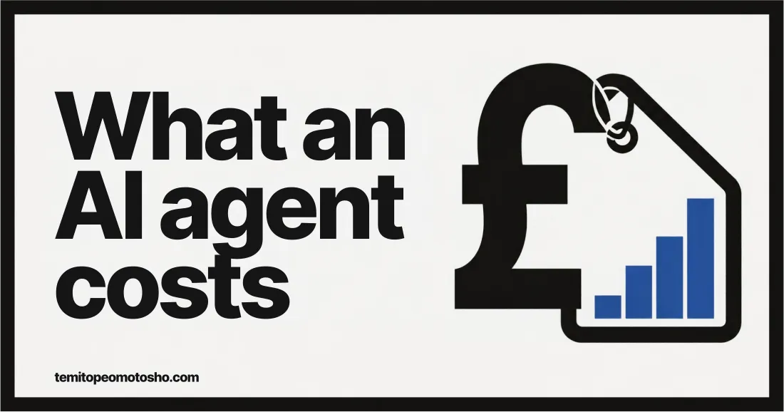 Price tag and bar chart showing AI agent build costs