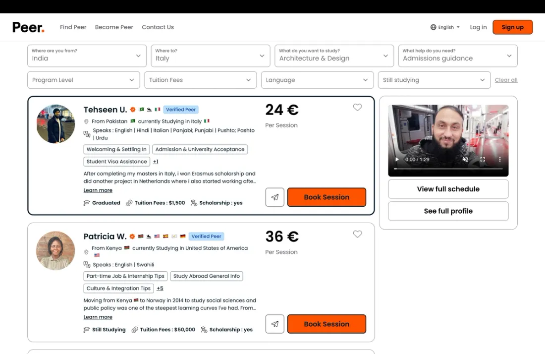 FindPeer search results showing verified student peers filtered by country, destination and course